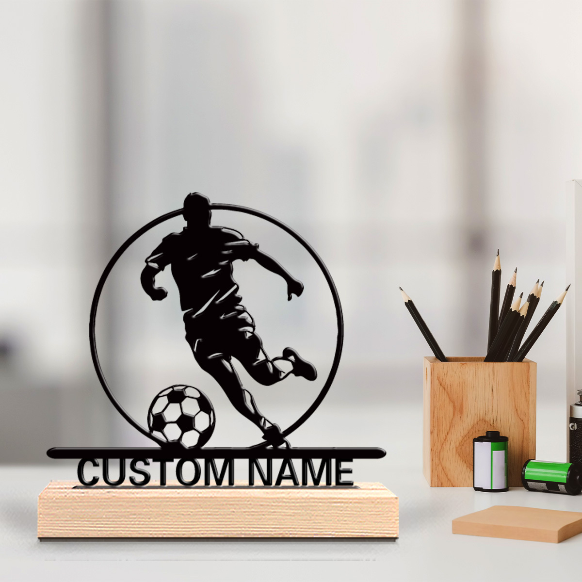 Personalized Engraved Gift - İsme Özel Metal Futbolcu Heykeli, Ahşap